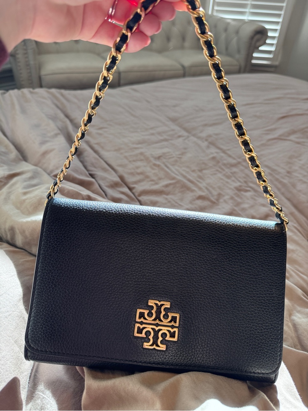 Tory Burch Black Pebbled Leather Shoulder Bag with Gold Chain